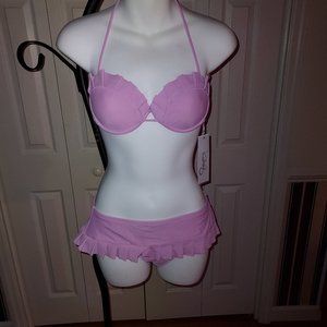 Beach Rays Padded Pleated Swim Top Skirted Bikini Set Peony Size Small N…